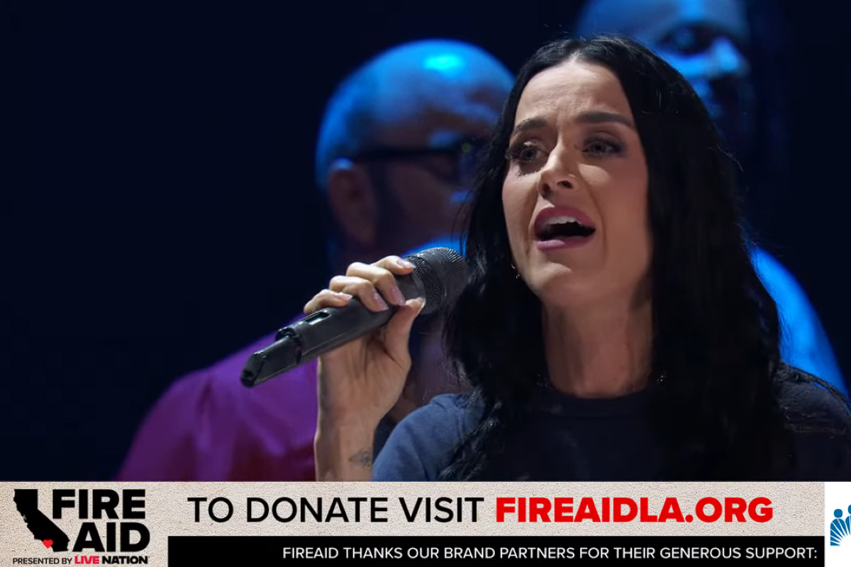 Katy Perry performing at the FireAid concert