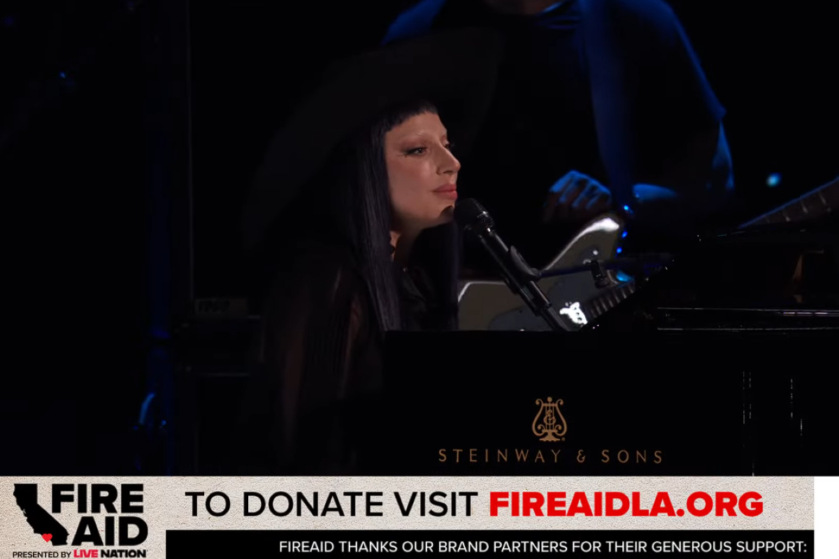 Lady Gaga performing at the FireAid concert