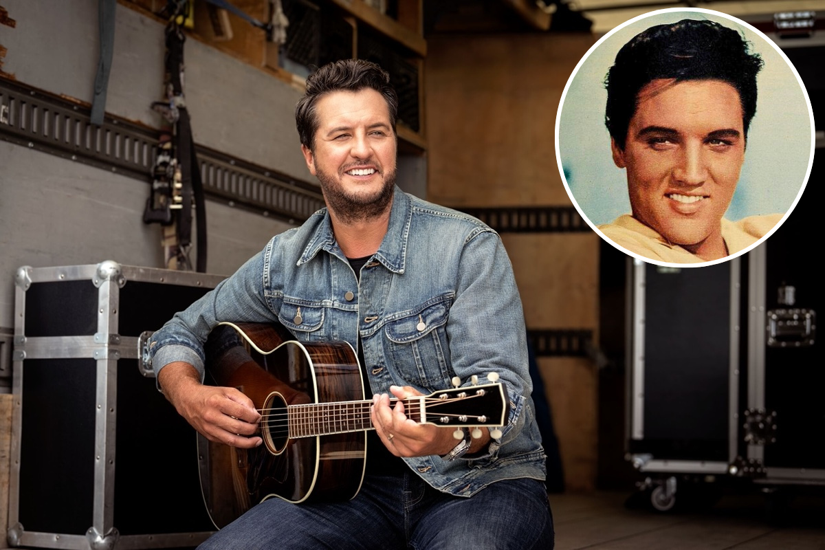 luke bryan playing guitar with picture of elvis presley